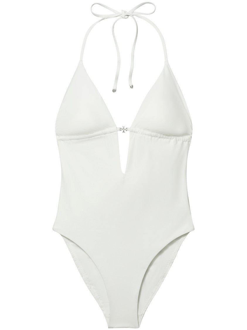 Tory Burch Tie-Back Deep V-Neck One-Piece Swimsuit
