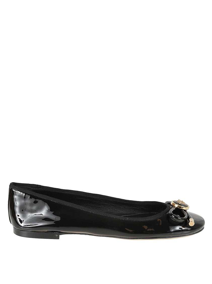 Versace Glossy Black Calf Leather Flat Shoes