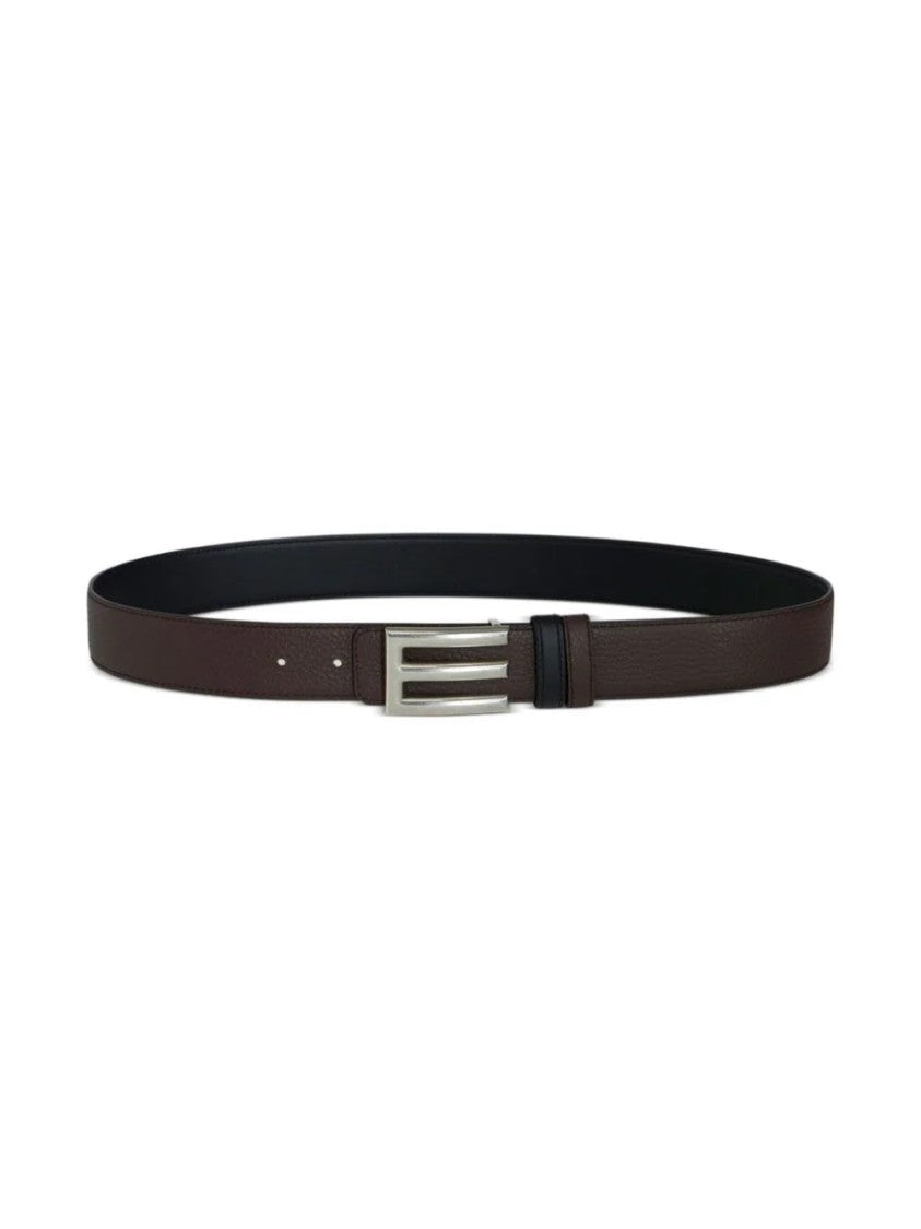 Etro Dual-Tone Leather Belt With Polished Silver Buckle