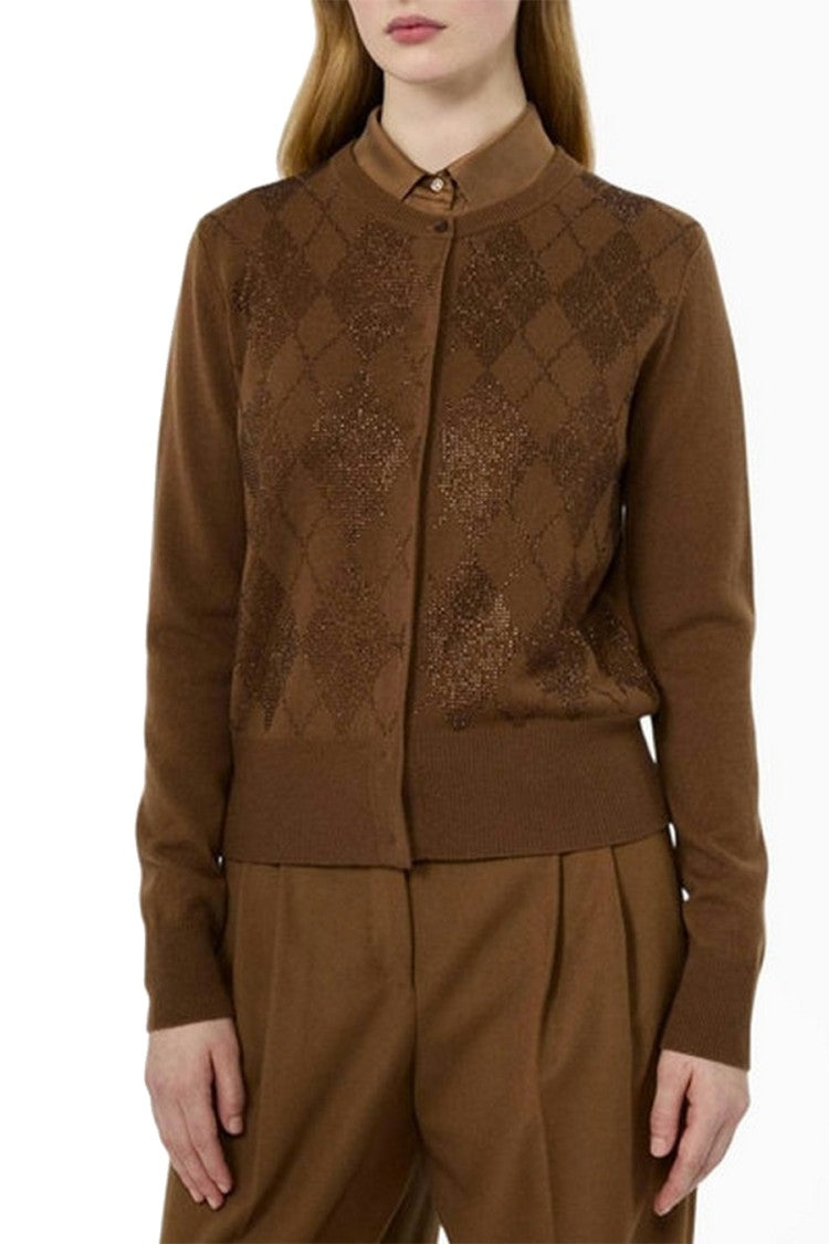 Max Mara Brown Mstgiovane Diamond-Pattern Wool-Blend Cardigan