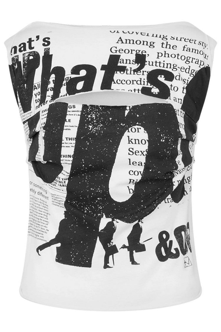 Moschino White Newspaper Print Sleeveless Cutout Tank Top