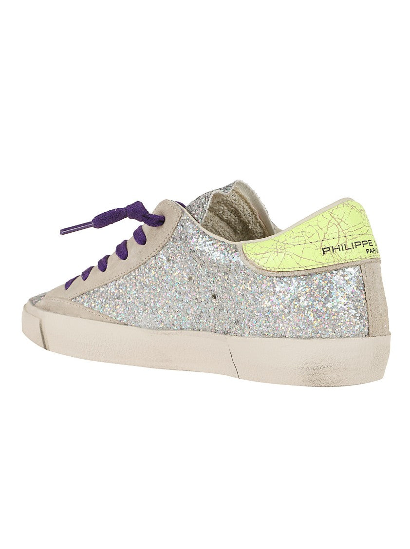 Philippe Model Silver Glitter Low-Top Sneakers With Neon Accents