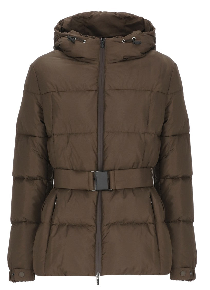 Peserico Brown Hooded Belted Quilted Down Jacket