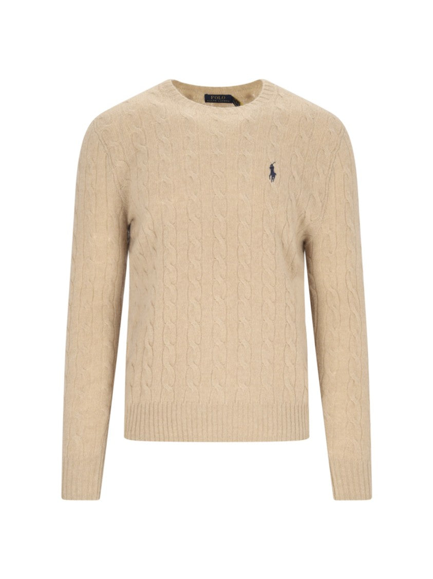 Polo Ralph Lauren Logo Cable Sweater In Beige Wool