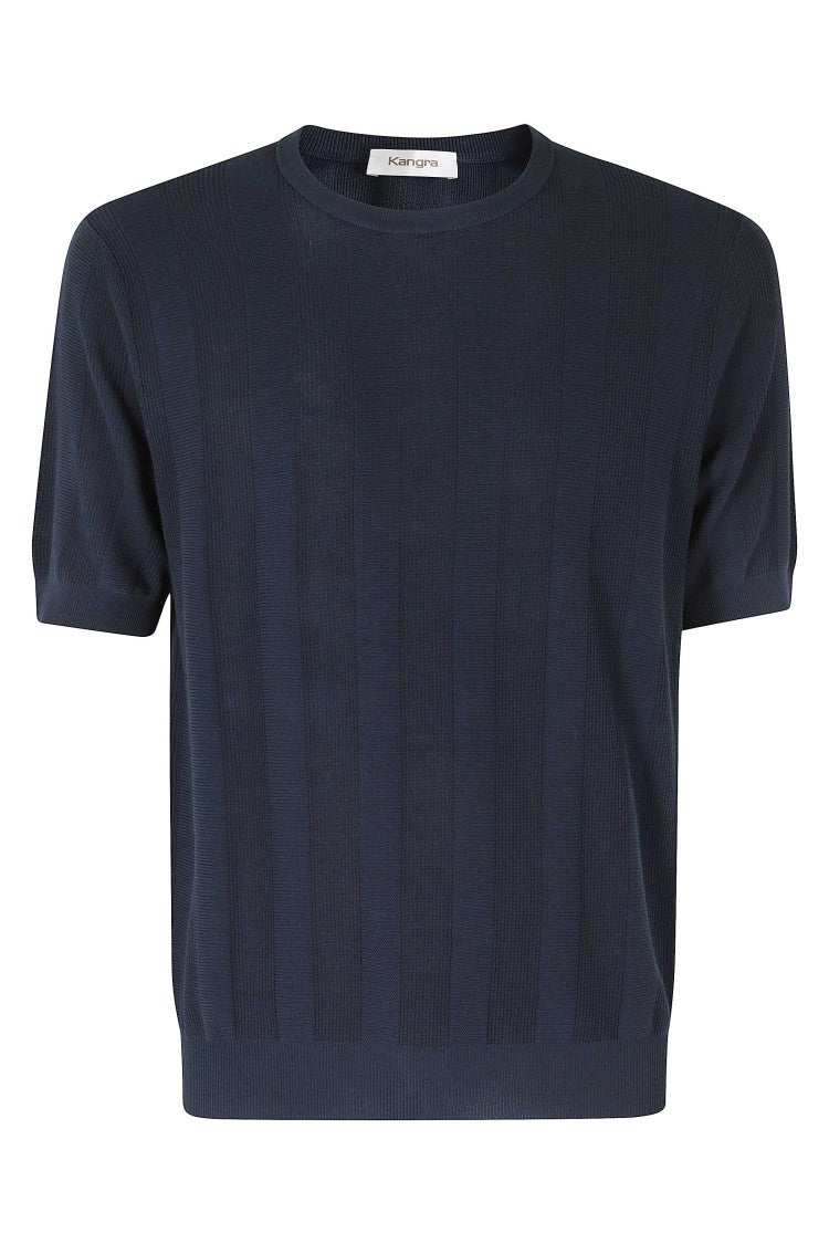 Kangra Blue Vertical Weave Short Sleeve Ribbed Trim Cotton Knit T-Shirt