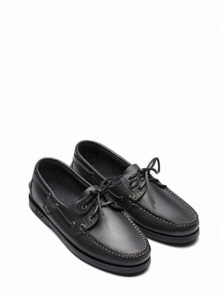 Paraboot Smooth Black Leather Loafers With Detailed Stitching