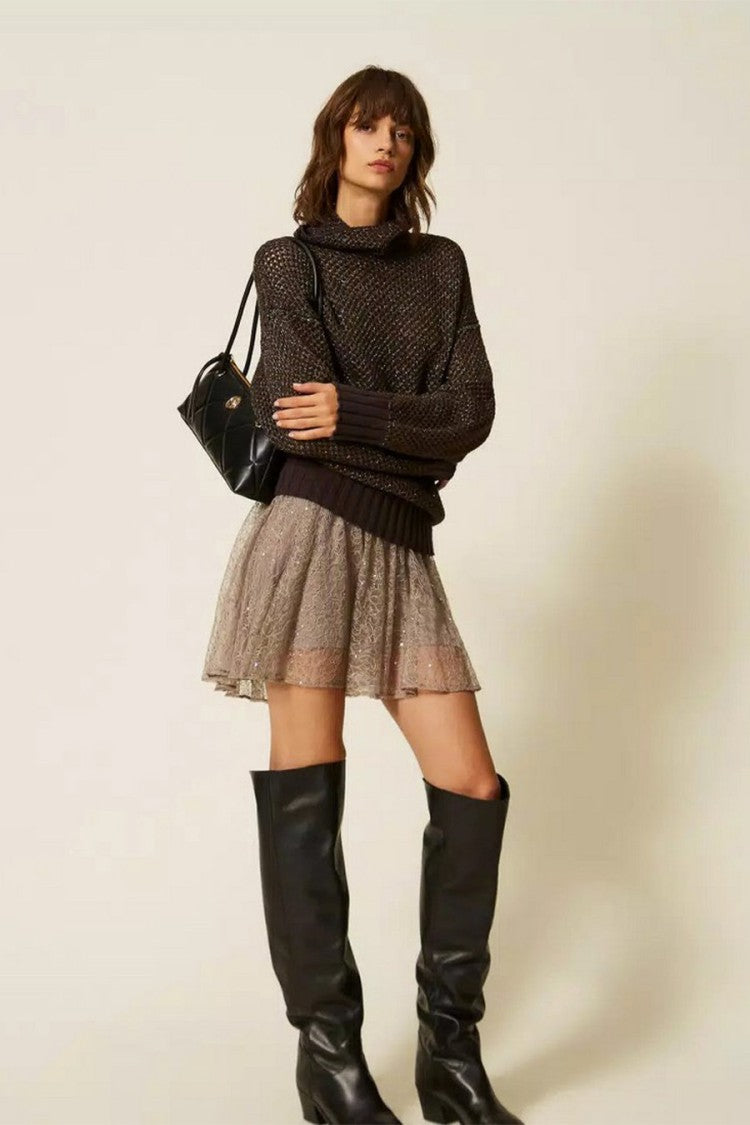 Twin-Set Dark Brown Metallic Honeycomb-Knit Wool-Blend Sweater