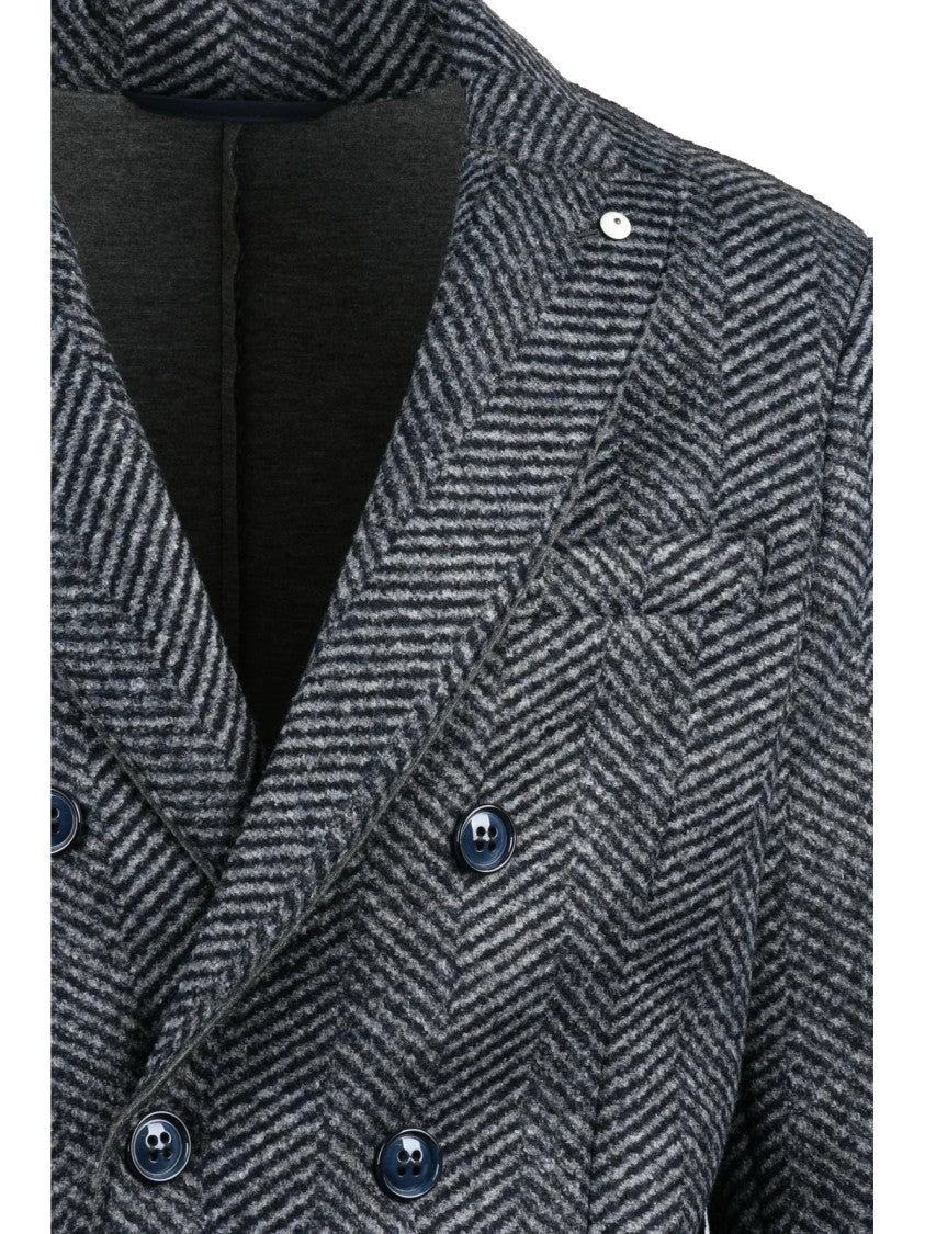 L.B.M. 1911 Grey-Black Viscose-Blend Double-Breasted Coat