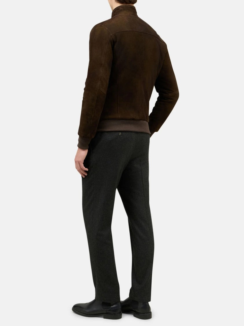Boglioli Sleek Brown Leather Bomber Jacket With Stand Collar And Minimalist Design