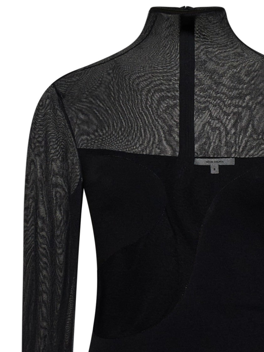 Nensi Dojaka Asymmetric Line Bodysuit With Sheer Sleeves And High Neck