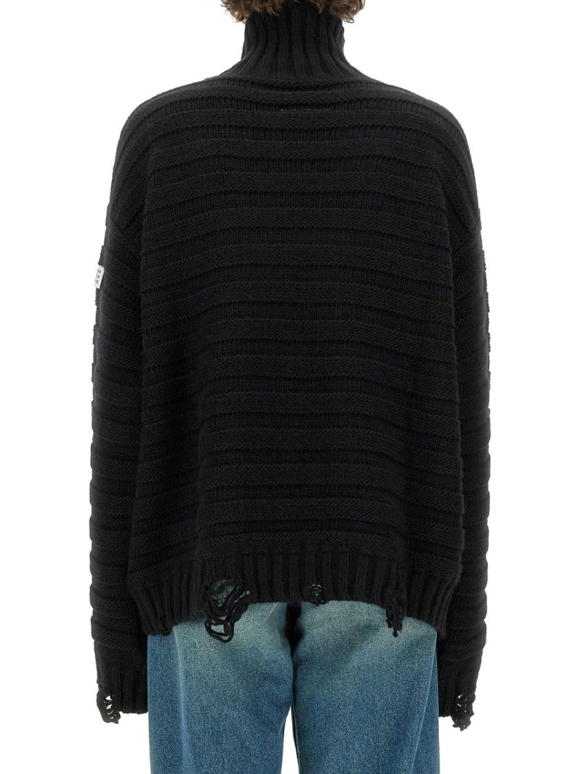 Mm6 By Maison Margiela High Neck Textured Knit Sweater With Distressed Details