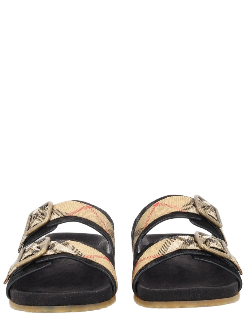 Burberry Black Check Pattern Adjustable Buckle Calf Suede Sandals