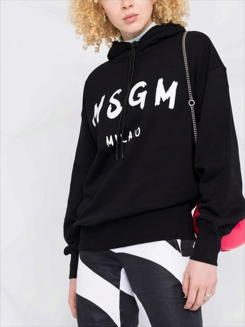 Msgm Relaxed Fit Black Hoodie With Bold Lettering