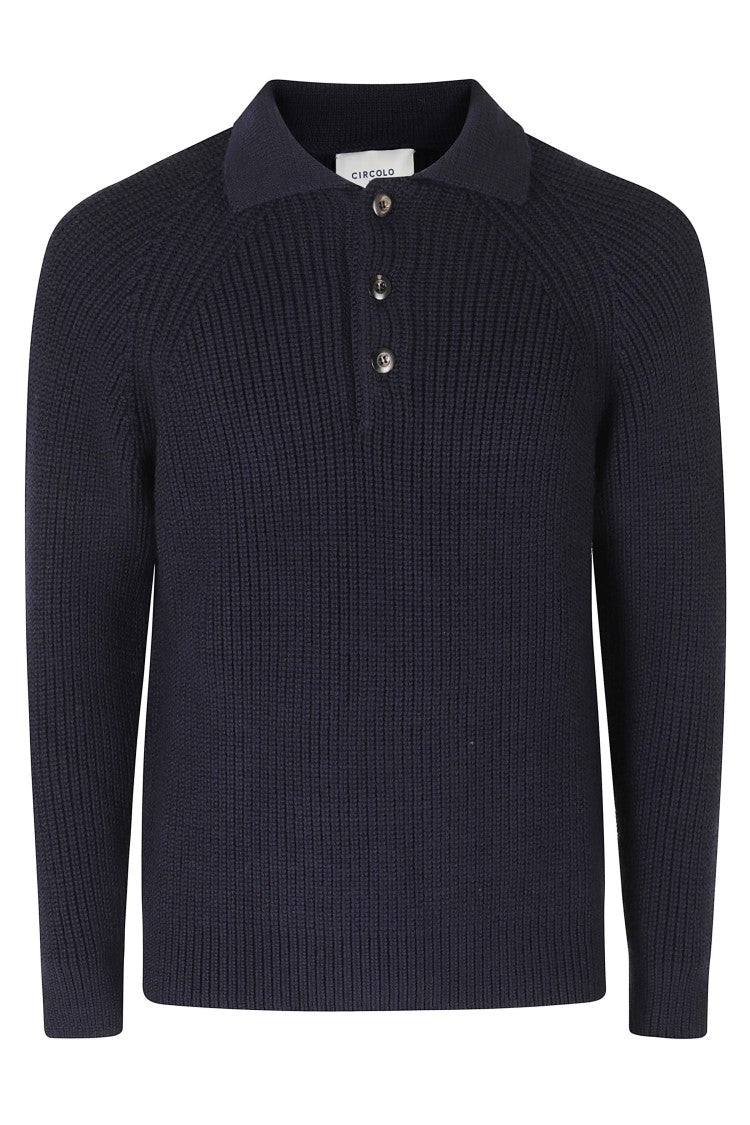 Circolo 1901 Dark Navy English Rib Knit Wool Polo Sweater