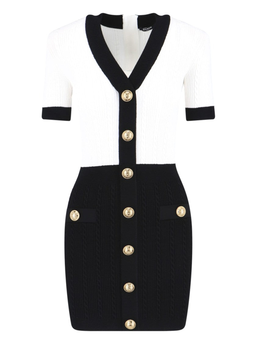 Balmain Fitted Black Dress With Ribbed Texture And Gold Accents