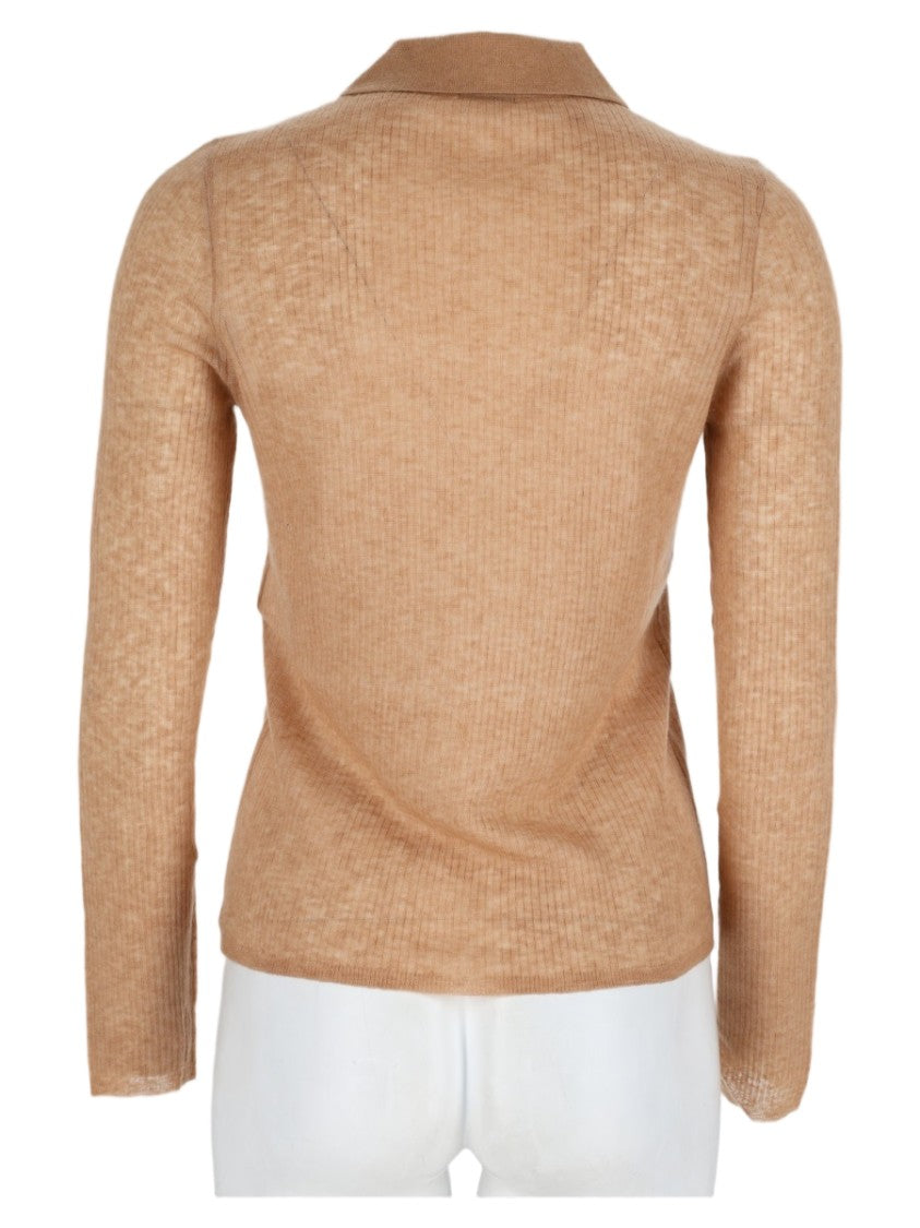 Aspesi Beige Cropped Ribbed Knit Wool-Blend Polo Sweater