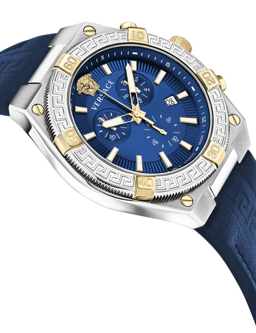 Versace Sporty Greca Chrono 46Mm Chronograph With Blue Dial And Calf Leather Strap