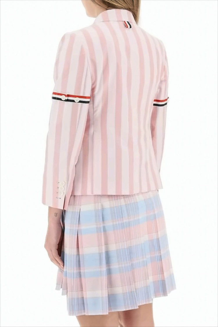 Thom Browne Cropped Pink Striped Tailored Jacket With Tricolor Accents