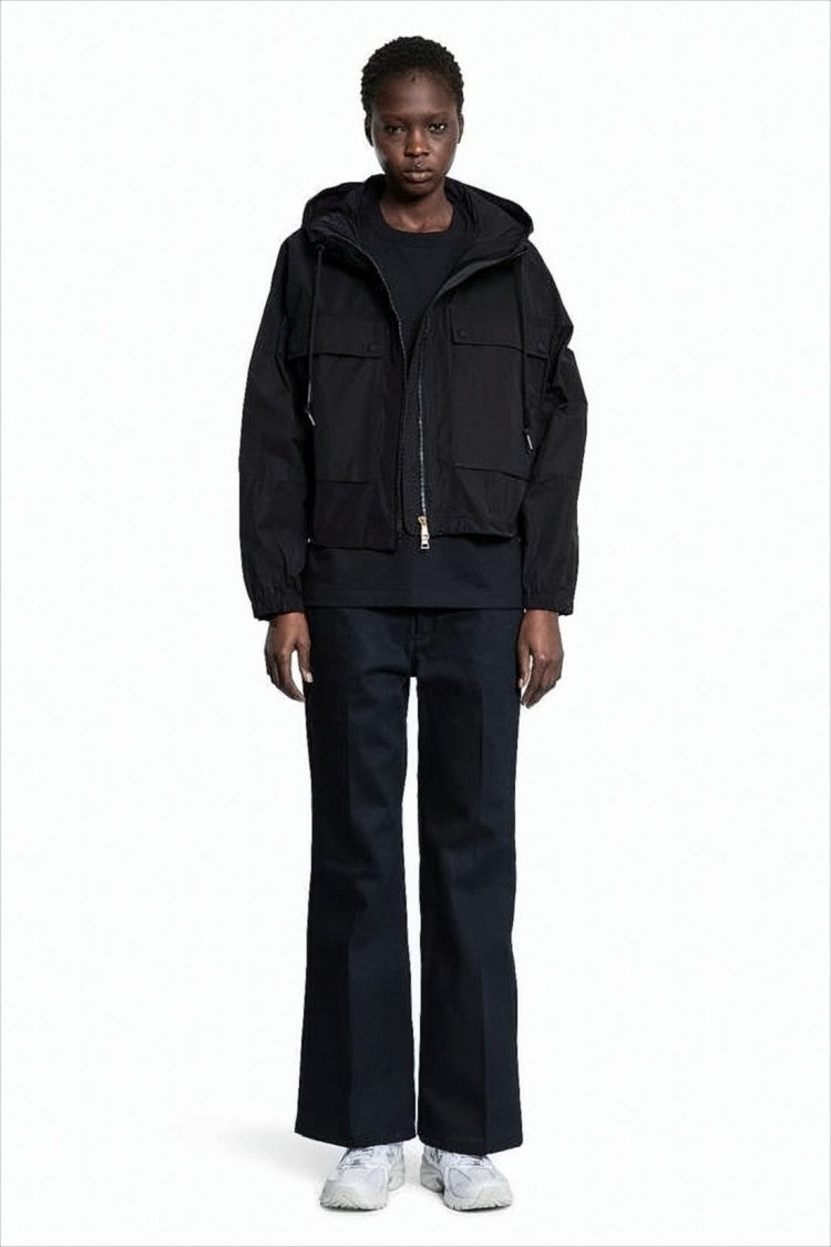 Moncler Cropped Black Jacket With Hood And Relaxed Cuffs