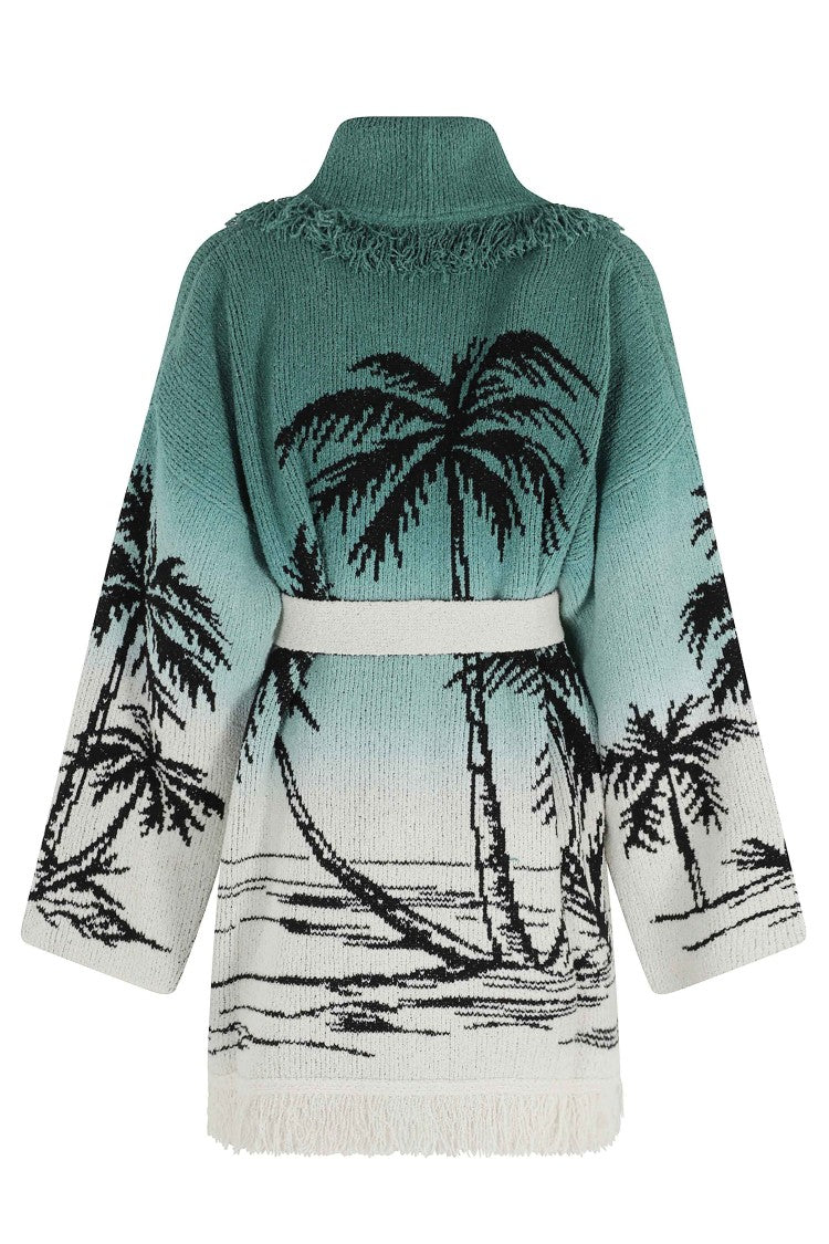Alanui Woodland Green Wave Bloom Geometric-Jacquard Cardigan