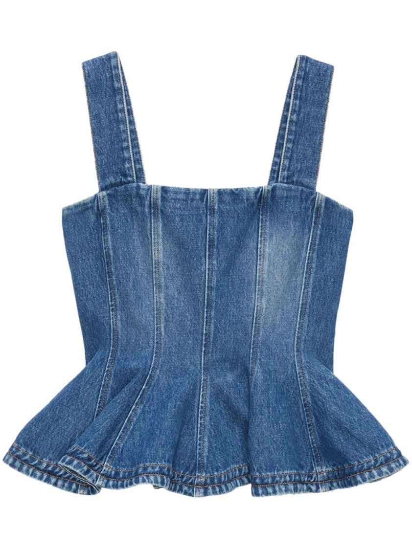 Msgm Structured Peplum Hem Denim Top In Blue