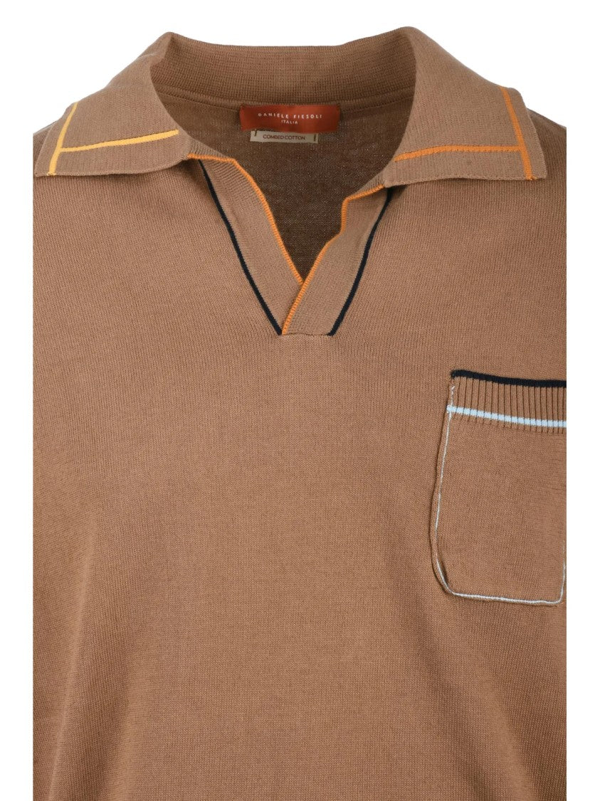 Daniele Fiesoli Brown Knitted Cotton Contrast-Trim Polo Shirt