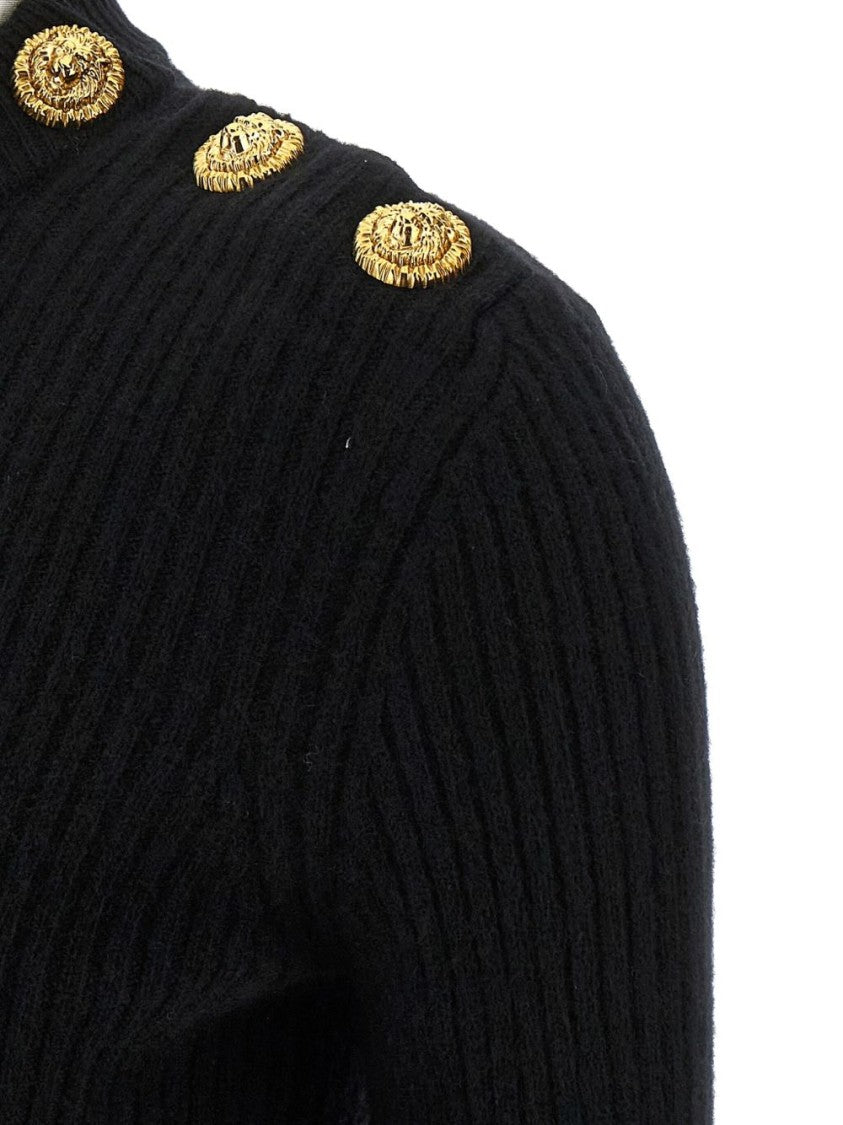 Balmain Black Ribbed Lion Head Button Sweater