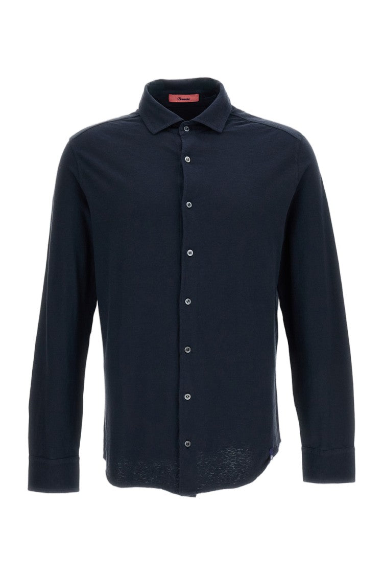 Drumohr Blue Cotton-Linen Spread Collar Casual Shirt