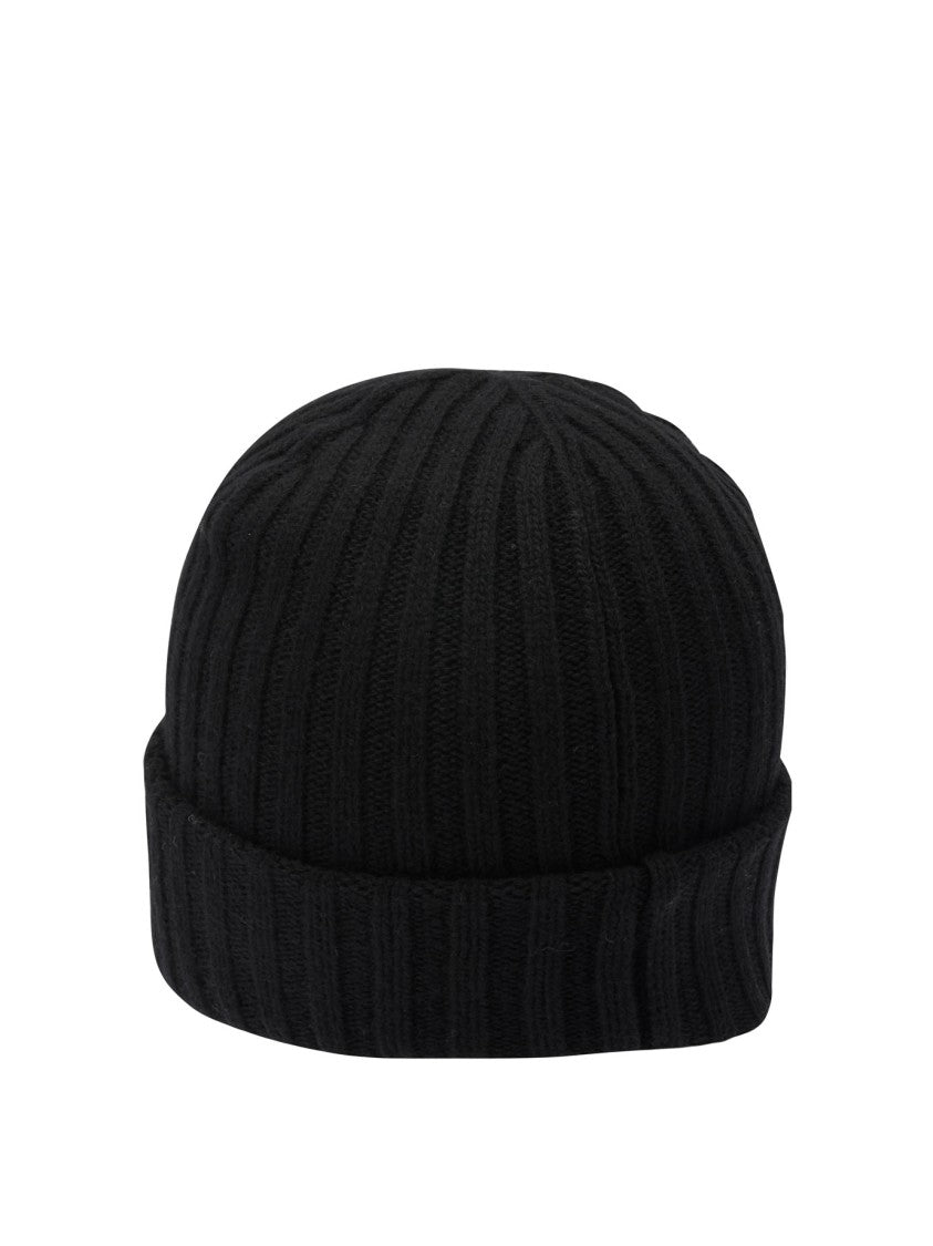 Ganni Ribbed Knit Wool Blend Beanie With Contrasting Logo