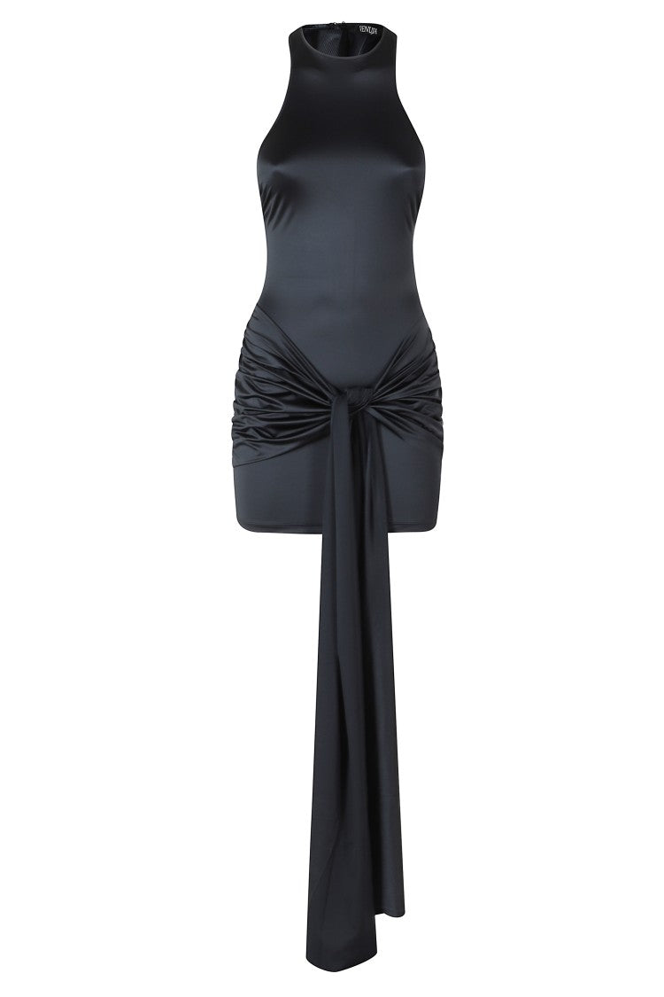 Venuja Black Adjustable-Bow Draped Polyamide Mini Dress
