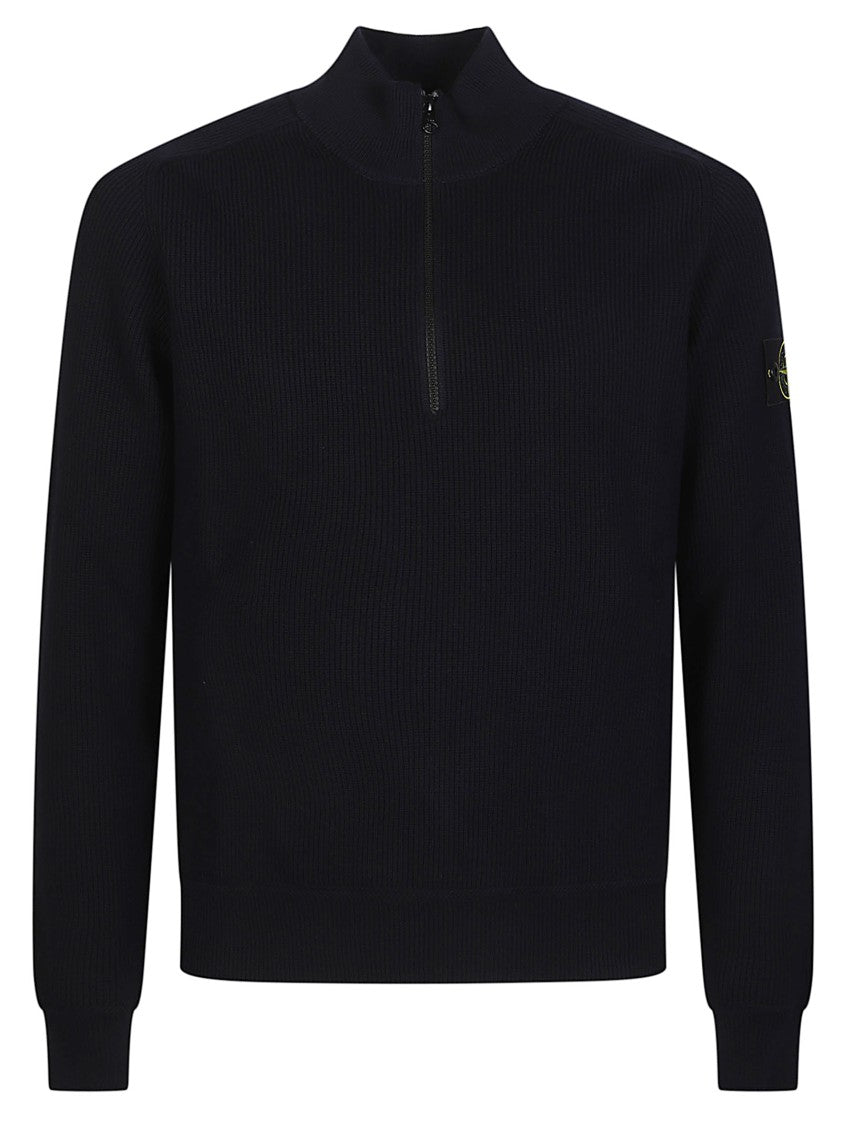 Stone Island Basic Half Zip Ribbed Cotton Sweater