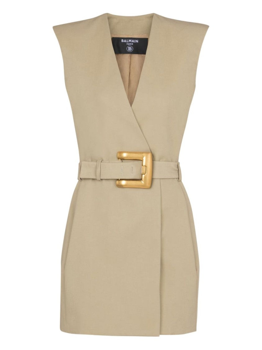 Balmain Beige V-Neck Belted Cotton Dress