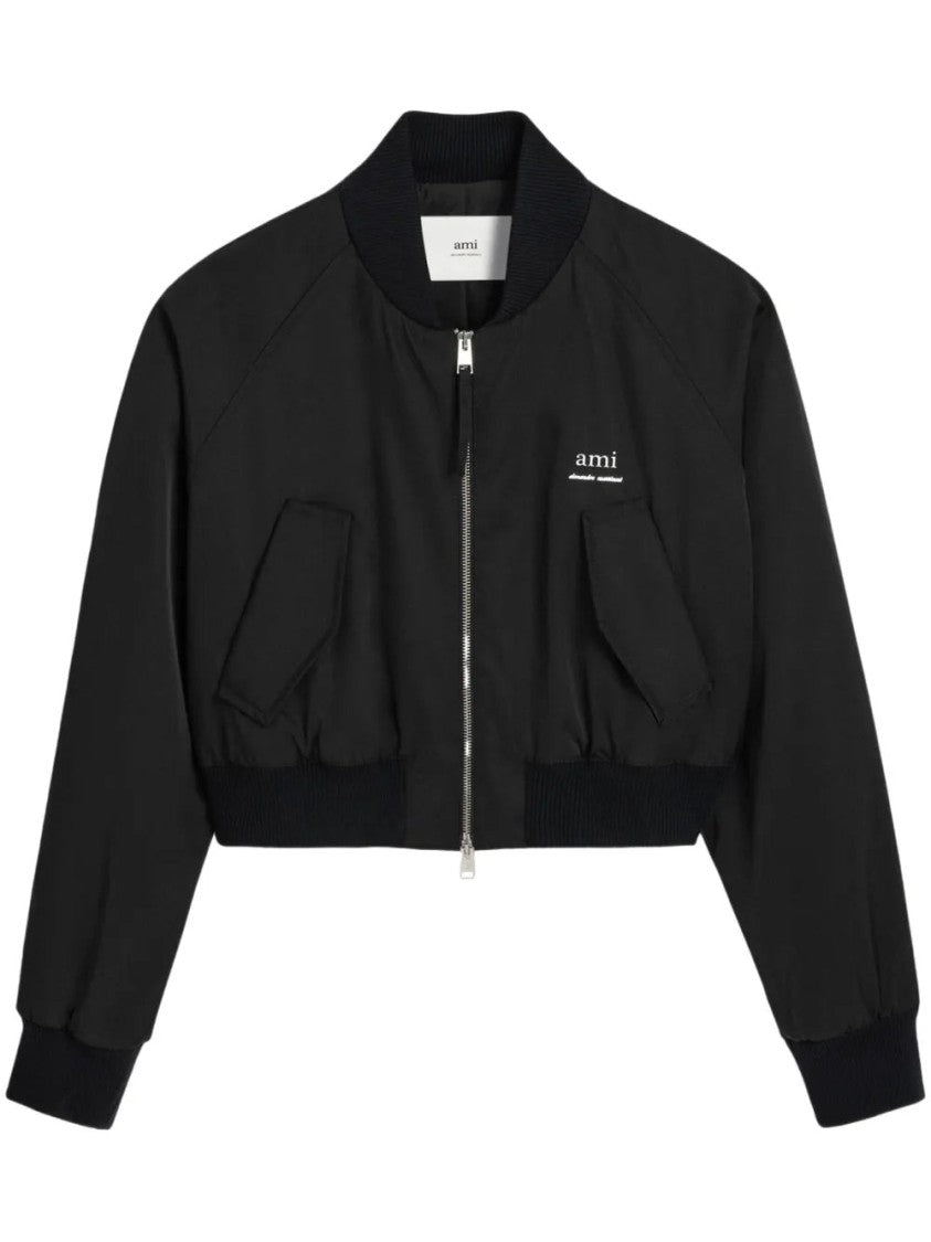 Ami Cropped Black Bomber Jacket With Zip Closure