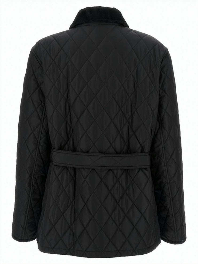 Burberry Quilted Black Jacket With Corduroy Collar And Belted Waist