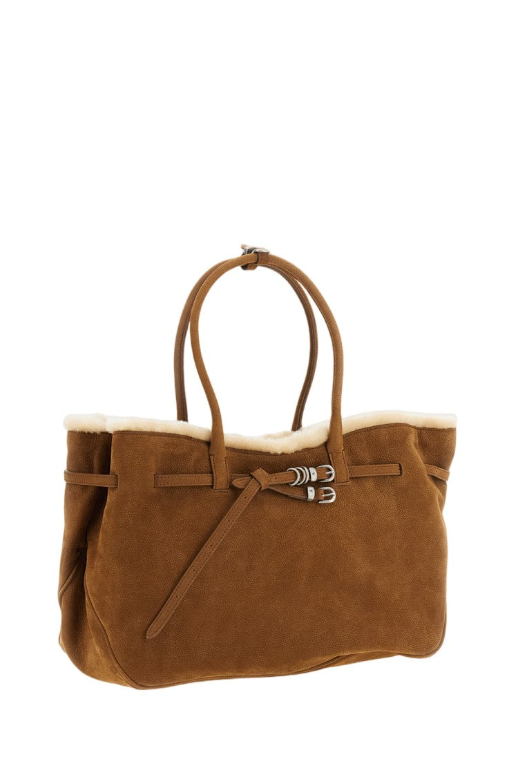 Margesherwood Oversized Leather Shoulder Bag With Shearling Trim And Adjustable Strap