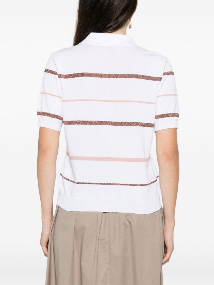 Peserico White Short-Sleeved V-Neck Top With Subtle Stripes
