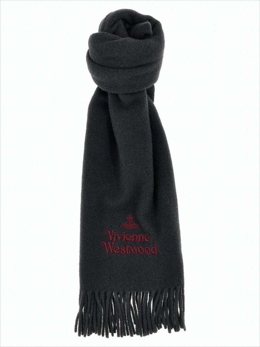 Vivienne Westwood Fringed Black Wool Scarf With Embroidered Logo