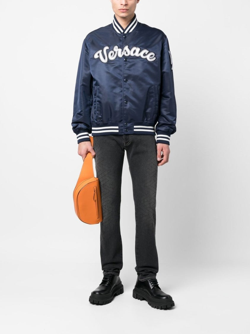 Versace Navy Blue Logo-Patch Bomber Jacket