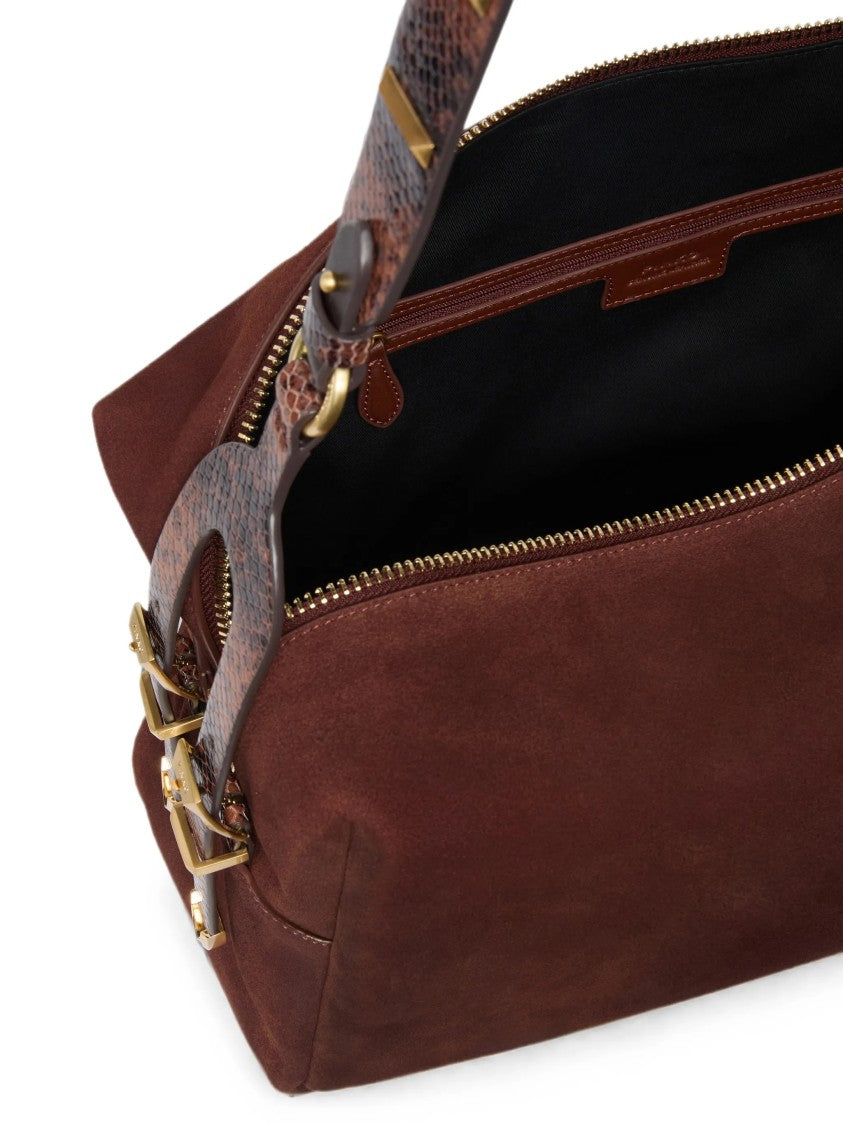Pinko Structured Brown Suede Handbag With Snakeskin Accents