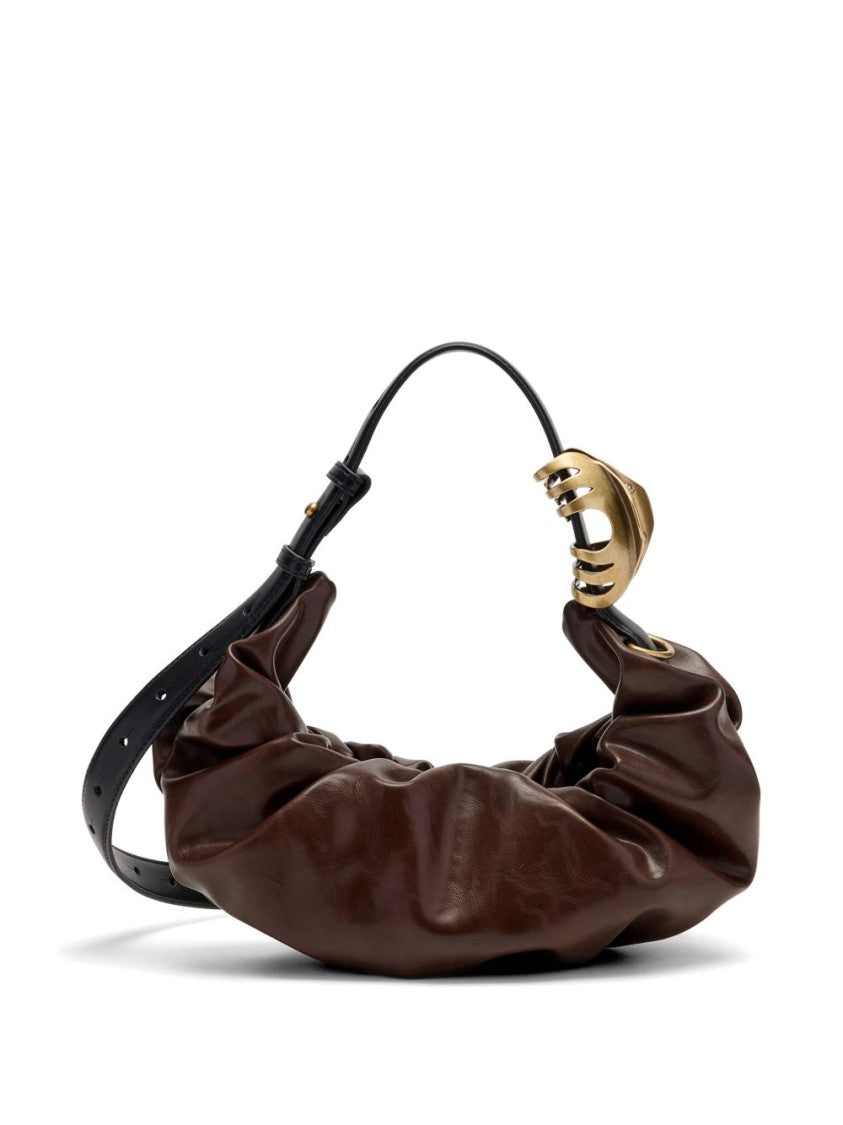 Diesel Ruched Brown Silk And Nylon Bag With Gold Hardware Accents