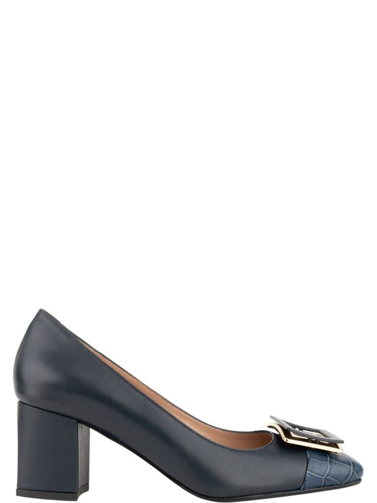 Sergio Moretti Blue Crocodile-Patterned Leather Low-Heel Pumps