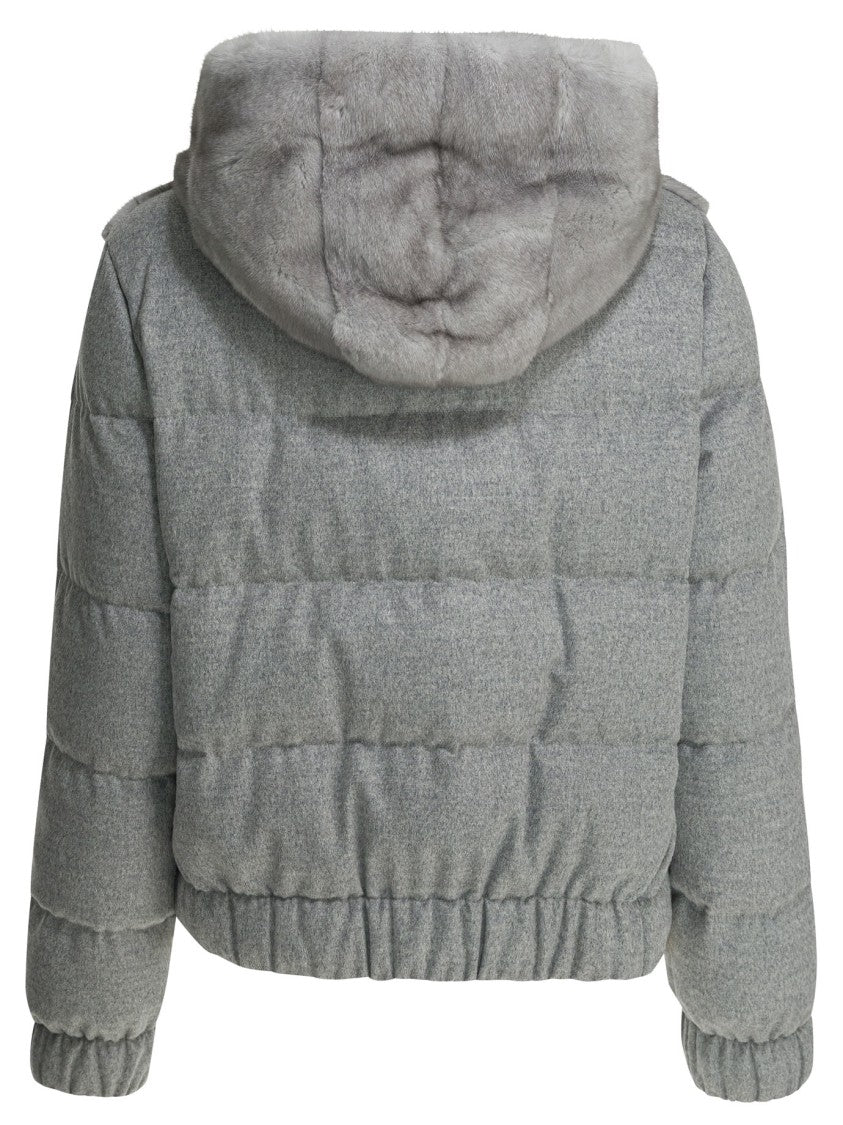 Camelia Light Blue Silk-Cashmere Short Coat With Mink Fur Details