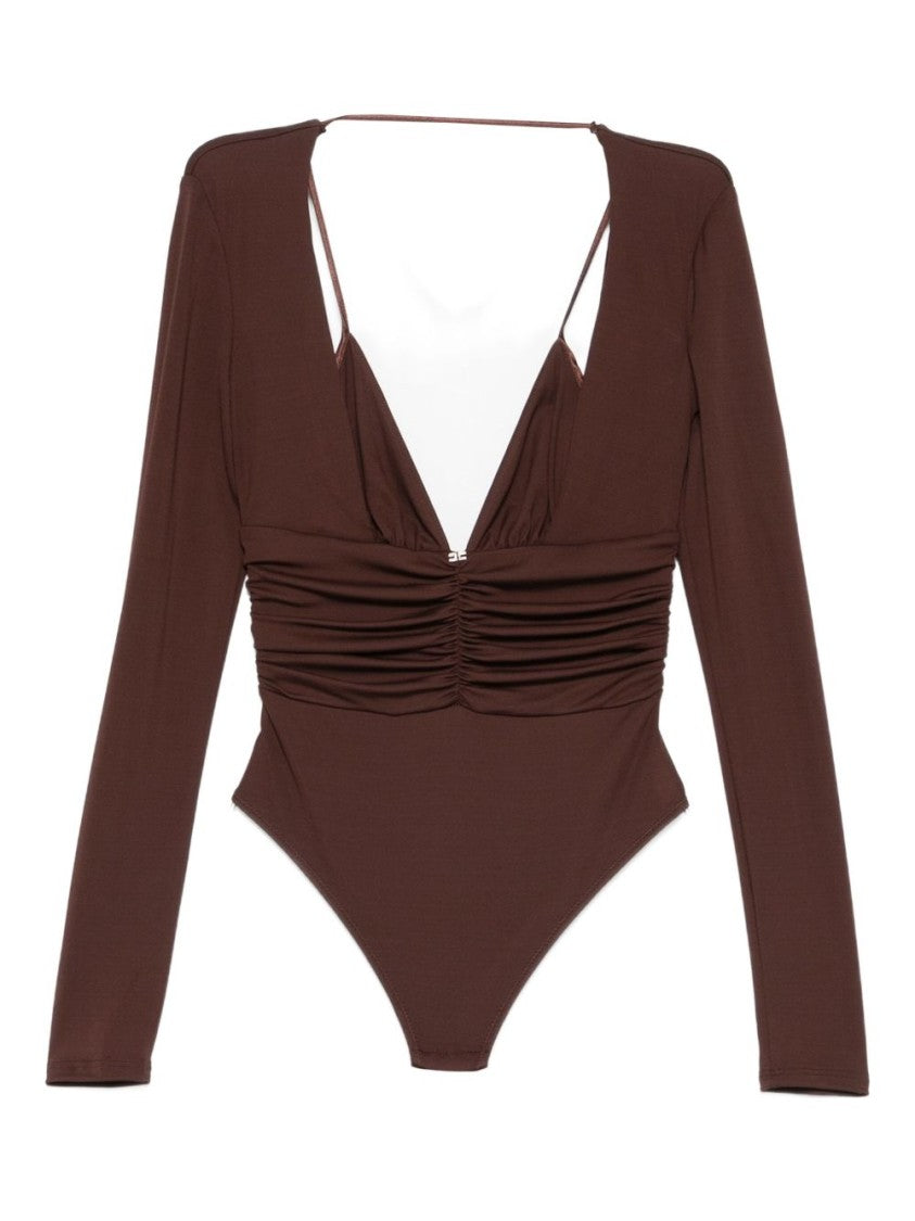 Elisabetta Franchi Brown Long-Sleeve Top With Deep V-Neckline