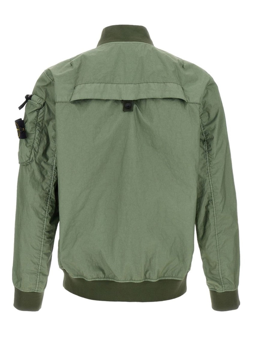 Stone Island Contemporary Green Nylon Parka With Ribbed Cuffs