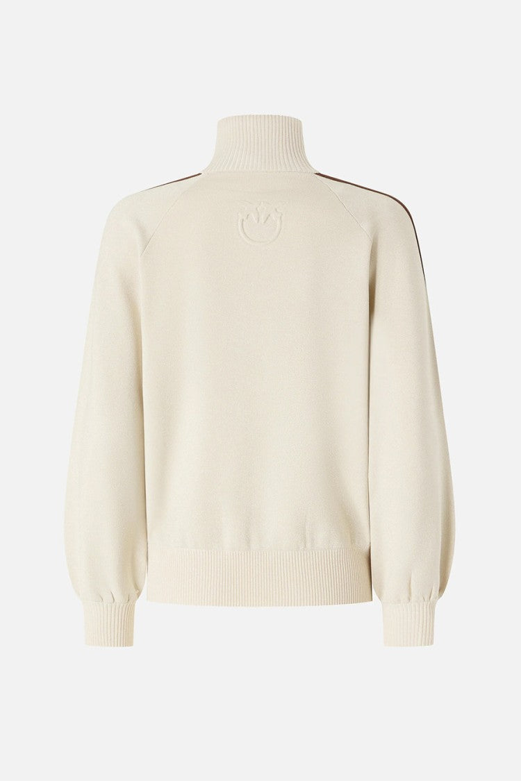 Pinko Beige Contrast Striped Sleeve Zip Viscose-Blend Zip-Through Knit