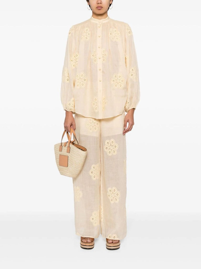 Zimmermann Acadian Floral-Embroidered Ramie Trousers