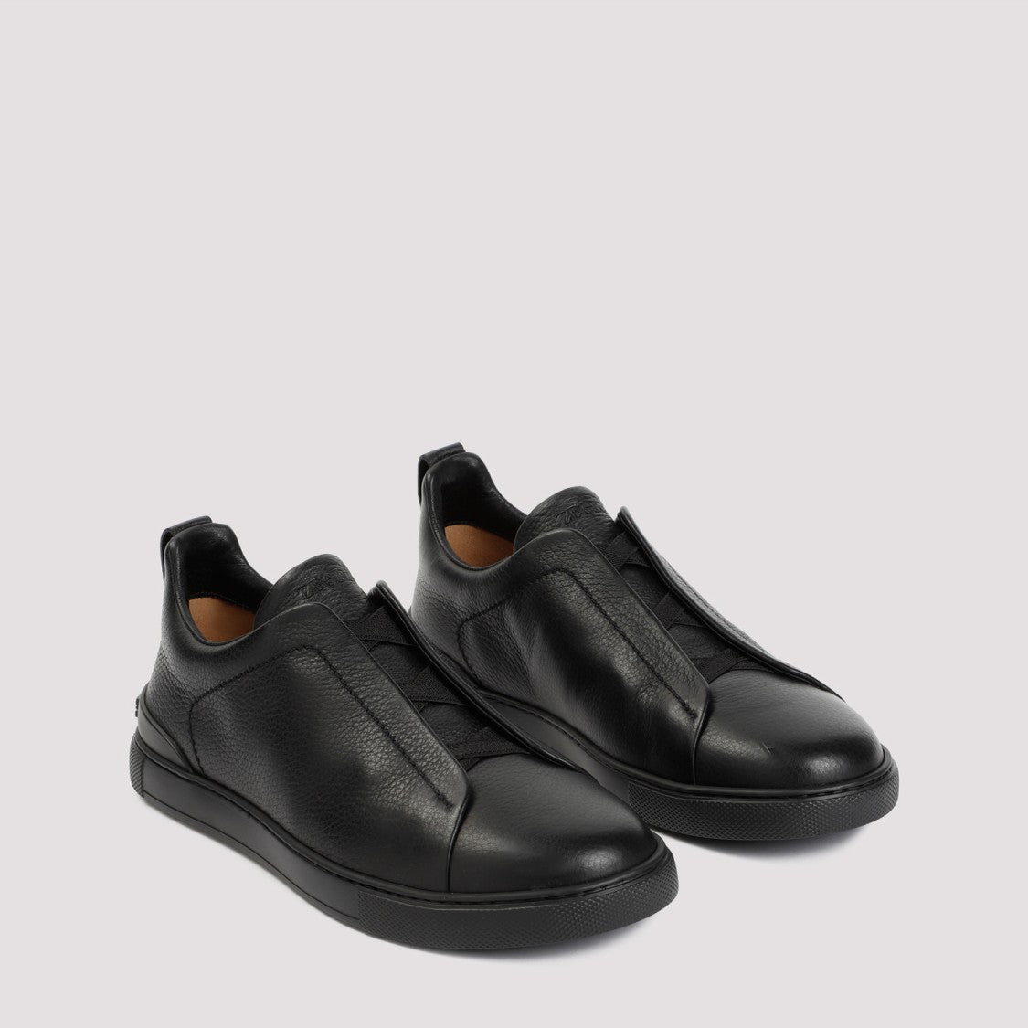 Zegna Triple Stitch Black Deer Leather Sneakers