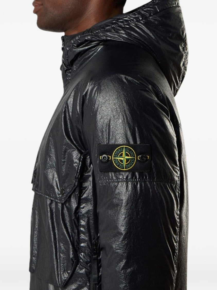 Stone Island Crinkled Texture Black Coat With Hood And Patch Logo