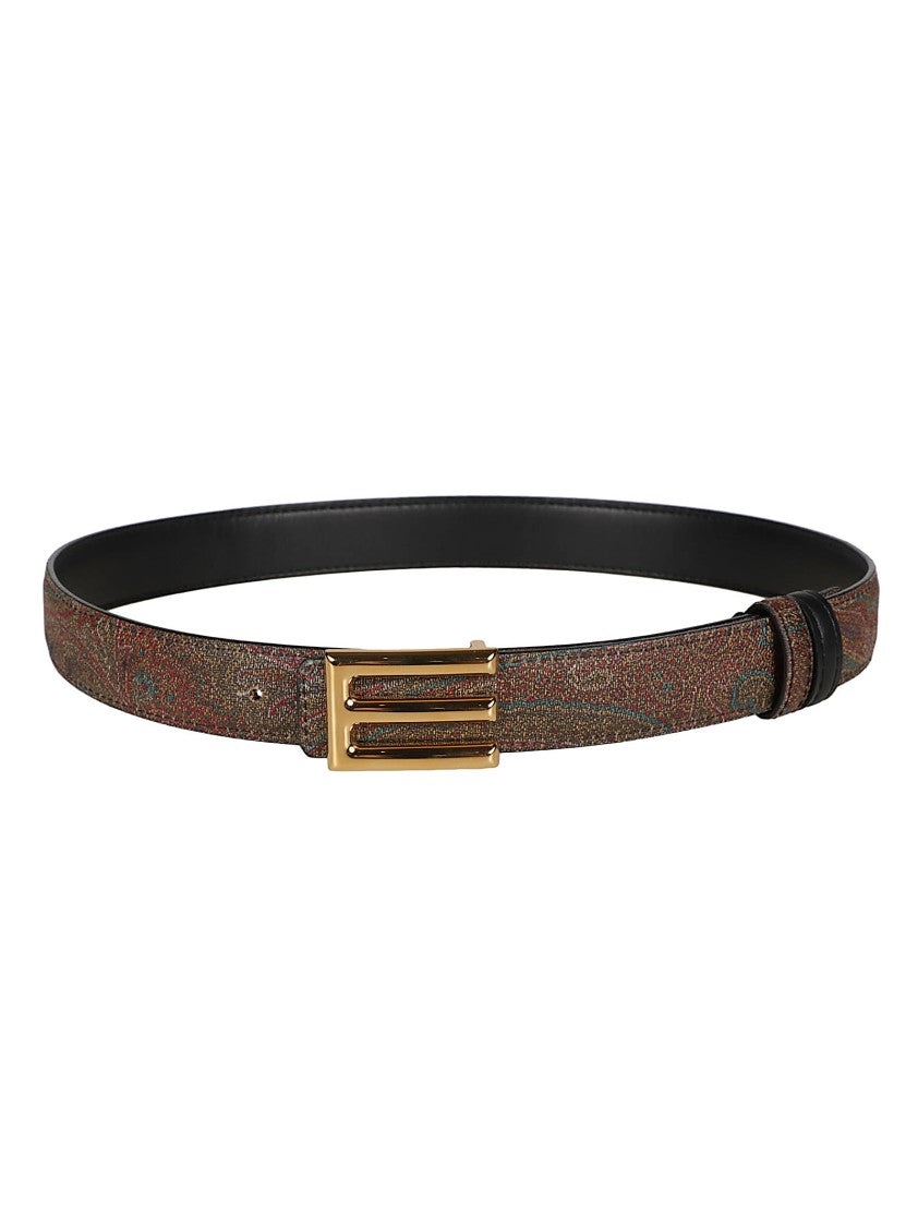 Etro Reversible Slim Belt With Textured Paisley Pattern And Leather Side