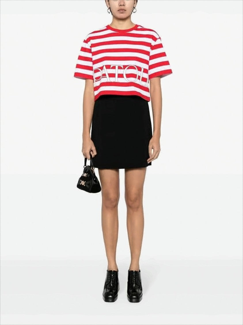 Patou Cropped Short-Sleeve Striped T-Shirt With Logo Print